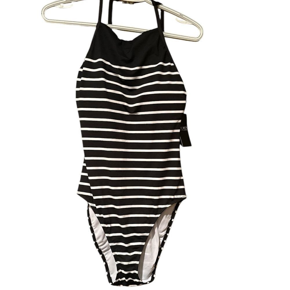 Lauren Ralph Lauren Halter Top Striped One Piece Swimsuit Size 8 Black & White